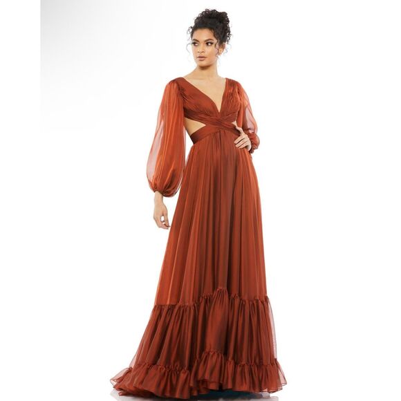 NWT Mac Duggal 67948 Criss Cross Waist Bishop Sleeve Dress - Picture 1 of 3